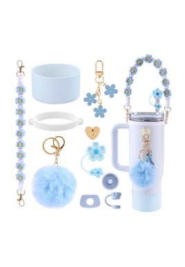 10-Piece Blue Accessory Bundle for Stanley Quencher 30/40oz - Includs Premium Silicone Straw Covers, Protective Boot & Charms Set