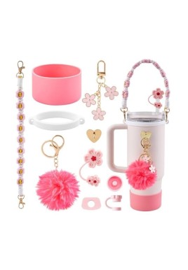 10-Piece Rose-Red Accessory Bundle for Stanley Quencher 30/40oz - Includs Premium Silicone Straw Covers, Protective Boot & Charms Set