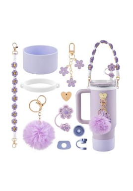 10-Piece Purple Accessory Bundle for Stanley Quencher 30/40oz - Includs Premium Silicone Straw Covers, Protective Boot & Charms Set