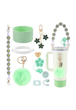 10-Piece Green Accessory Bundle for Stanley Quencher 30/40oz - Includs Premium Silicone Straw Covers, Protective Boot & Charms Set