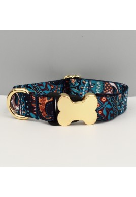 S Blue Boho Patterned Dog Collar with Gold Metal Bone Buckle Adjustable Tribal & Leopard Print Neck Strap for Puppies & Dogs