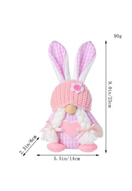 Pink Easter Plush Bunny Gnome Figurine – Decorative Doll with Long Hair and Checkered Ears for Home Display