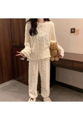 White Coral Fleece Jacquard Thermal Pajama Set — Autumn/Winter Fleece-Lined, Thickened, Casual Loungewear