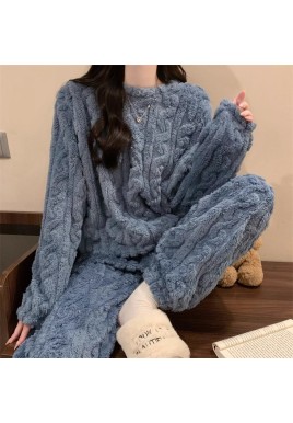 Blue Coral Fleece Jacquard Thermal Pajama Set — Autumn/Winter Fleece-Lined, Thickened, Casual Loungewear