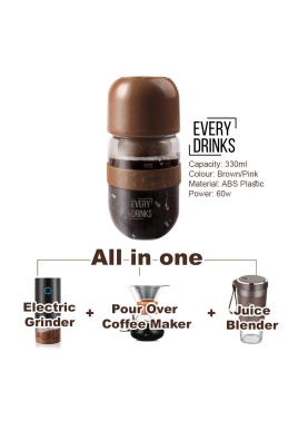 Brown All in1 Anywhere Portable Drip Pour Over Coffee Maker + Electric Grinder + Juice Blender Anywhere Freshly Ground Coffee