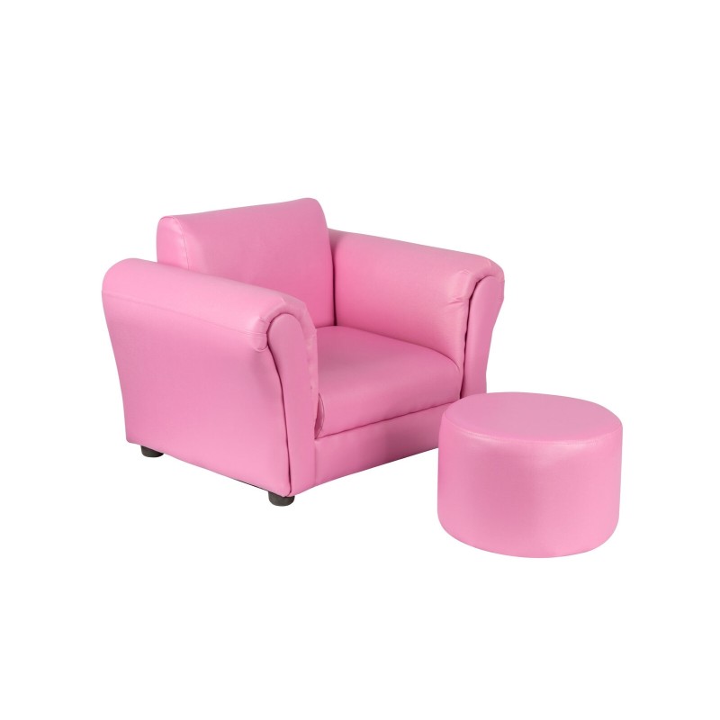 Kids Pink Couch Sofa Chair w/ Footstool in PU Leather