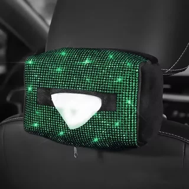 Green Diamond Bling Rhinestone Car Tissue Box Holder - Applies to Visor & Seat Back 