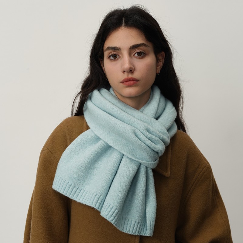 Blue Soft Wool-Blend Solid Color Knit Scarf for Women - Cozy Faux Cashmere Shawl