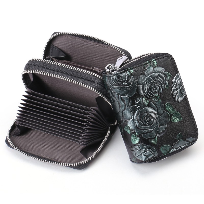 Black Background With Silver Roses Floral Embossed Genuine Leather Card Holder - Large Capacity 10 Card Slots, RFID Blocking, Double Zipper Coin Pouch