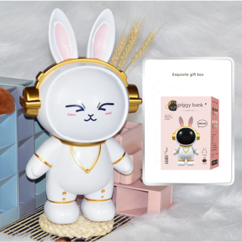 White Cute Astronaut Rabbit Piggy Bank | Shatterproof Kids Money Box & Room Decor Figurine