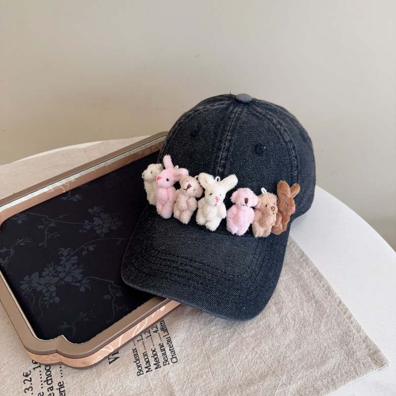 Whimsical Plush Bunny Row Denim Baseball Cap - Adjustable, Sun Protection, Breathable Comfort(Black)